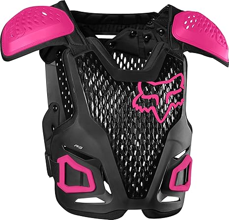Fox Racing Youth R3 Motocross Guard in Black/Pink – kids motocross chest protector with airflow and adjustable fit.