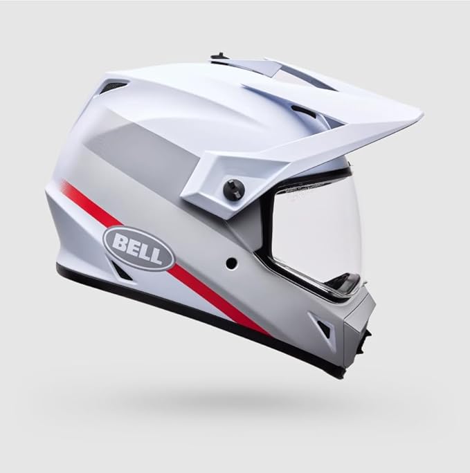 Dual-sport adventure motorcycle helmet by Bell with integrated ventilation and sun visor